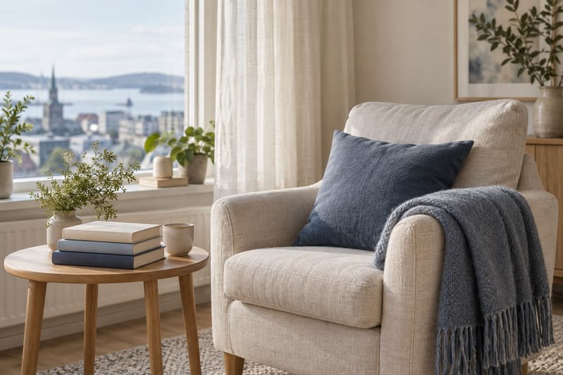 Lesekrok med en lenestol ved vinduet og bøker på et sidebord